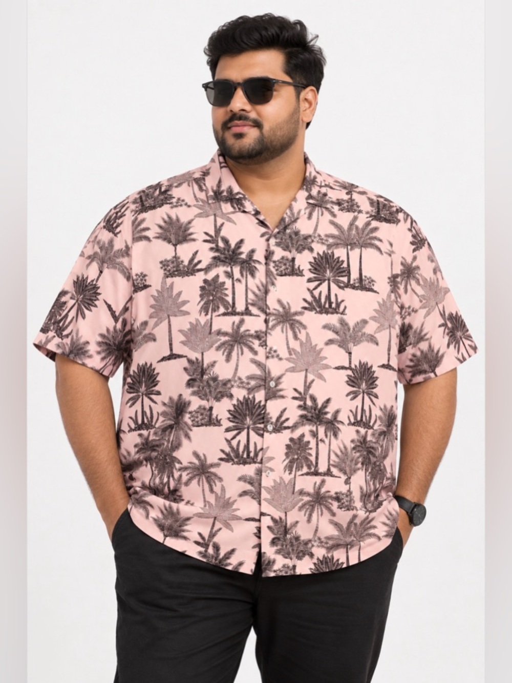 Tori Richard Pink with Black Palm Print button Hawaiian shirt 2xl